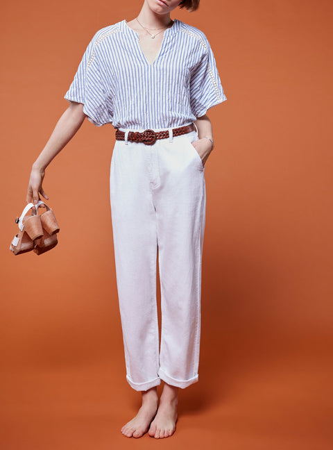 Seersucker Striped Short Sleeve Blouse